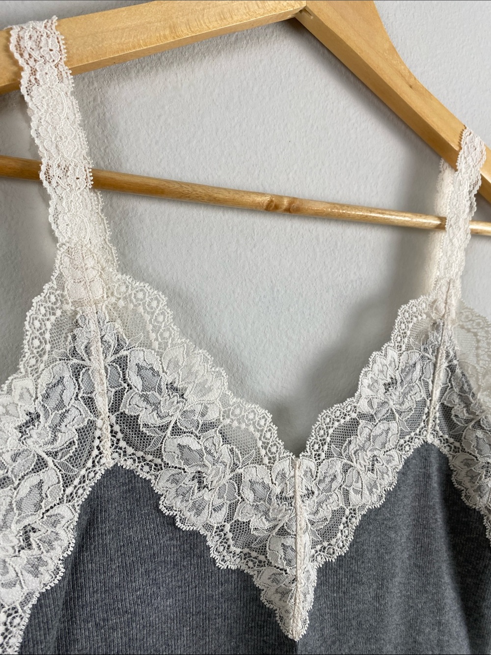 Abercrombie & Fitch Lace Embroidered Ribbed Camisole/Tank Top | Gray/Ivory - Picture 9 of 16